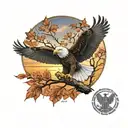 army Eagle fall oak tree colored leaves sunset over lake in distance tattoo design idea