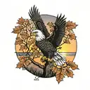 army Eagle bright fall oak tree colored leaves with sunset over lake in distance in background tattoo design idea