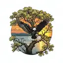 army Eagle bright fall oak tree colored leaves with sunset over lake in distance in background tattoo design idea