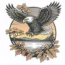 army Eagle bright fall oak tree colored leaves with sunset over lake in distance in background tattoo design idea