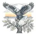 army Eagle bright fall oak tree colored leaves with sunset over lake in distance in background tattoo design idea