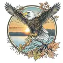 army Eagle bright fall oak tree colored leaves with sunset over lake in distance in background tattoo design idea