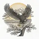 army Eagle bright fall oak tree colored leaves with sunset over lake in distance in background tattoo design idea