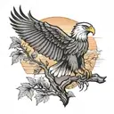 army Eagle bright fall oak tree colored leaves with sunset over lake in distance in background tattoo design idea