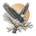 army Eagle bright fall oak tree colored leaves with sunset over lake in distance in background tattoo design idea