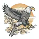 army Eagle bright fall oak tree colored leaves with sunset over lake in distance in background tattoo design idea