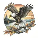 army Eagle bright fall colored leaves and trees colors sunset over lake in distance in background tattoo design idea