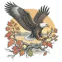 army Eagle bright fall colored leaves and trees colors sunset over lake in distance in background tattoo design idea