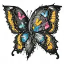 messy black broken heart transition into colorful butterfly wings spread tattoo design idea