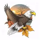 army  Eagle bright fall leaves and trees colors sunset over lake in distance in background tattoo design idea