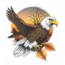 army  Eagle bright fall leaves and trees colors sunset over lake in distance in background tattoo design idea