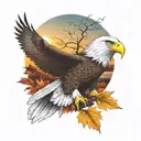 army  Eagle bright fall leaves and trees colors sunset over lake in distance in background tattoo design idea
