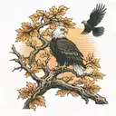 army Eagle on oak tree with fall colored leaves in front of lake background with sunset tattoo design idea