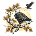 army Eagle on oak tree with fall colored leaves in front of lake background with sunset tattoo design idea