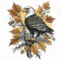 army Eagle on oak tree with fall colored leaves in front of lake background with sunset tattoo design idea