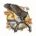 army Eagle on oak tree with fall colored leaves in front of lake background with sunset tattoo design idea