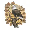army Eagle on oak tree with fall colored leaves in front of lake background with sunset tattoo design idea