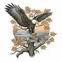 army Eagle on oak tree with fall colored leaves in front of lake background with sunset tattoo design idea