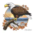 army Eagle fall oak tree colored leaves sunset over lake in distance tattoo design idea