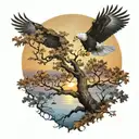army Eagle fall oak tree colored leaves sunset over lake in distance tattoo design idea