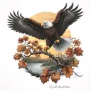 army Eagle fall oak tree colored leaves sunset over lake in distance tattoo design idea