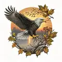army Eagle fall oak tree colored leaves sunset over lake in distance tattoo design idea