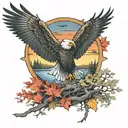 army Eagle bright fall colored leaves and trees colors sunset over lake in distance in background tattoo design idea