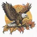 army Eagle bright fall colored leaves and trees colors sunset over lake in distance in background tattoo design idea