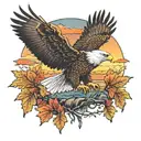 army Eagle bright fall colored leaves and trees colors sunset over lake in distance in background tattoo design idea