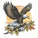army Eagle bright fall colored leaves and trees colors sunset over lake in distance in background tattoo design idea