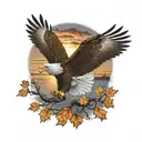 army Eagle bright fall oak tree colored leaves with sunset over lake in distance in background tattoo design idea
