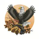 army Eagle bright fall oak tree colored leaves with sunset over lake in distance in background tattoo design idea