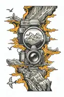 perspective change through a camera lens adventure and travel  mountains soul searching  tattoo design idea