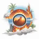 view though camera lens blue mountains rising Phoenix from fire sunrise  tattoo design idea