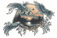 midnight blue mountain with forest trees looking through lens with rising Phoenix wings from fire sunrise tattoo design idea