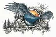 midnight blue mountain with forest trees looking through lens with rising Phoenix wings from fire sunrise tattoo design idea