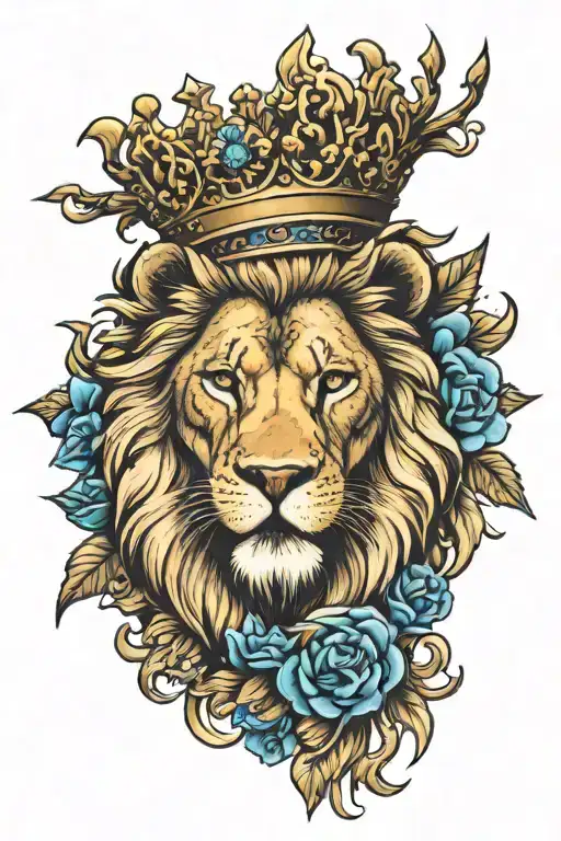 lion with blue eyes and thorn crown tattoo design idea