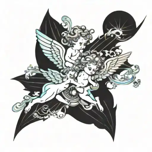 DJZ June 15, 2024 cherubs flying with rays tattoo design idea
