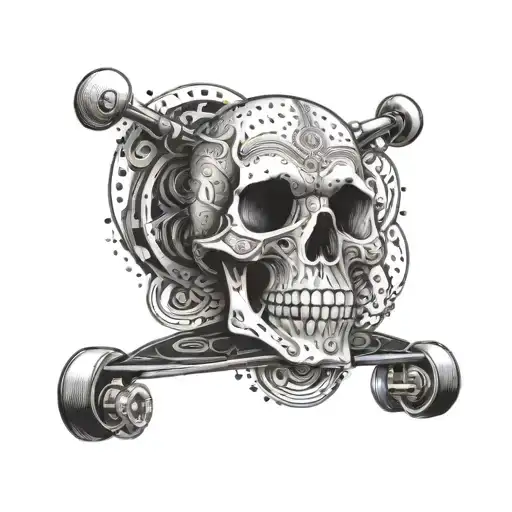 A tattoo design combining punk and longboard skating elements, such as skulls and geometric patterns, in a dotwork style tattoo design idea
