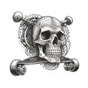 A tattoo design combining punk and longboard skating elements, such as skulls and geometric patterns, in a dotwork style tattoo design idea