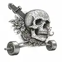 A tattoo design combining punk and longboard skating elements, such as skulls and geometric patterns, in a dotwork style tattoo design idea