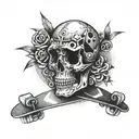 A tattoo design combining punk and longboard skating elements, such as skulls and geometric patterns, in a dotwork style tattoo design idea