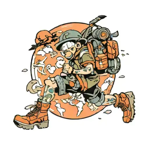 An anime-inspired design of a globe trotting adventurer with a backpack and hiking boots, representing your passion for travelling and anime tattoo design idea