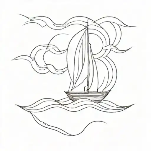 line drawing of sailing boat, waves, seascape, beaches, minimalist tattoo design idea