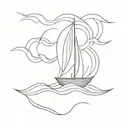 line drawing of sailing boat, waves, seascape, beaches, minimalist tattoo design idea