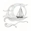 line drawing of sailing boat, waves, seascape, beaches, minimalist tattoo design idea