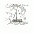 line drawing of sailing boat, waves, seascape, beaches, minimalist tattoo design idea