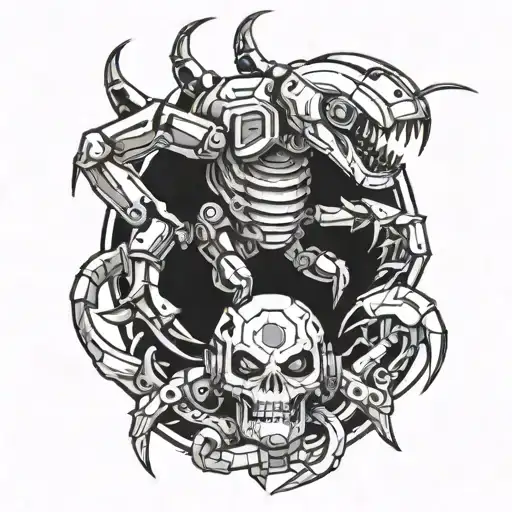 robot scorpion tattoo design combining taill with chainsaw tattoo design idea