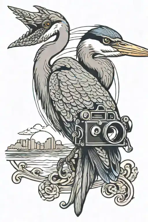 great blue heron holding camera tattoo design idea