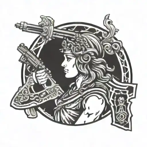 Justitia with Headshot and Gun m16 tattoo design idea